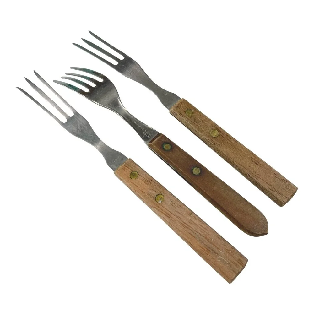 Stainless Steel Brown‎ Wood Handle Forks Set of 3 Riveted Mid-Century Modern MCM